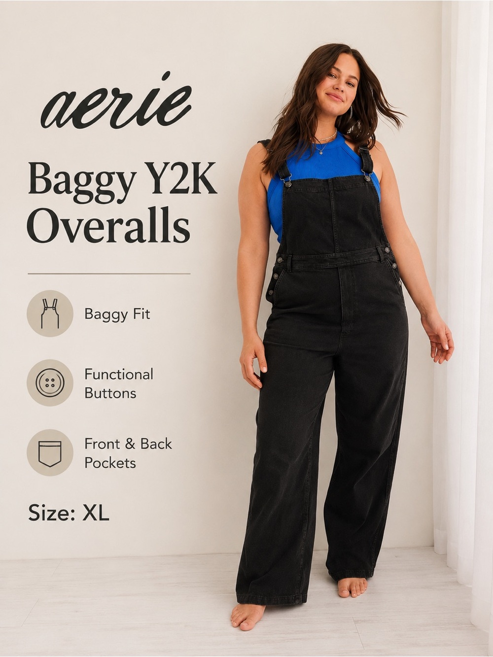 Aerie Baggy Y2K Overalls Smoked Gray Black Denim Size S